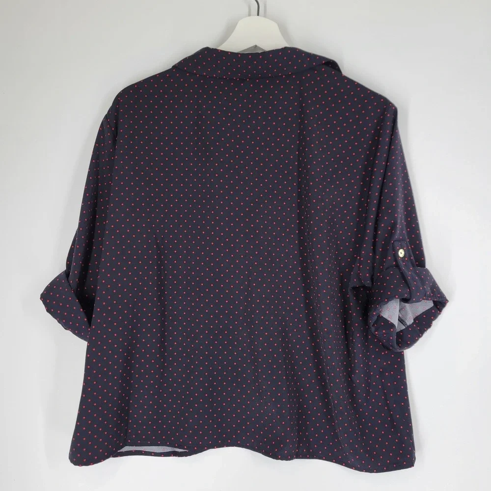 MICHAEL KORS Navy Red Polka Dot Button Front Roll‎ Tab Sleeve Blouse XL